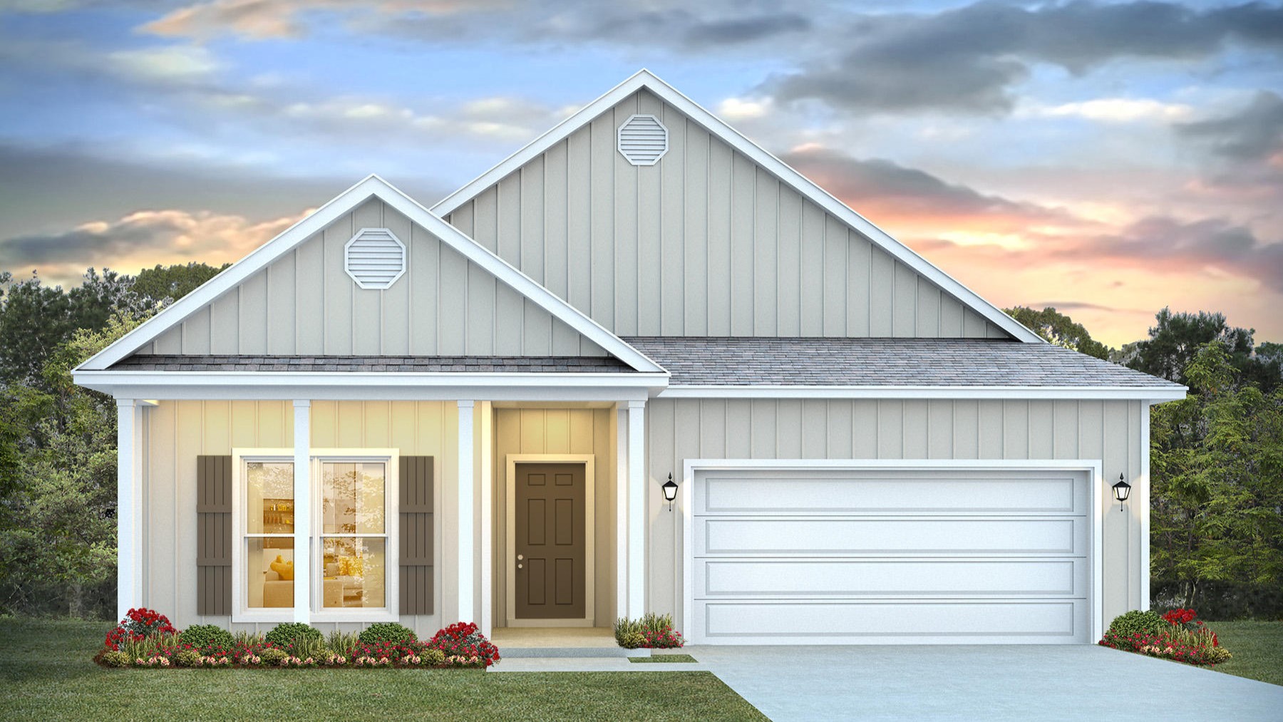 Single-story new home rendering with a covered front porch and two-car garage.