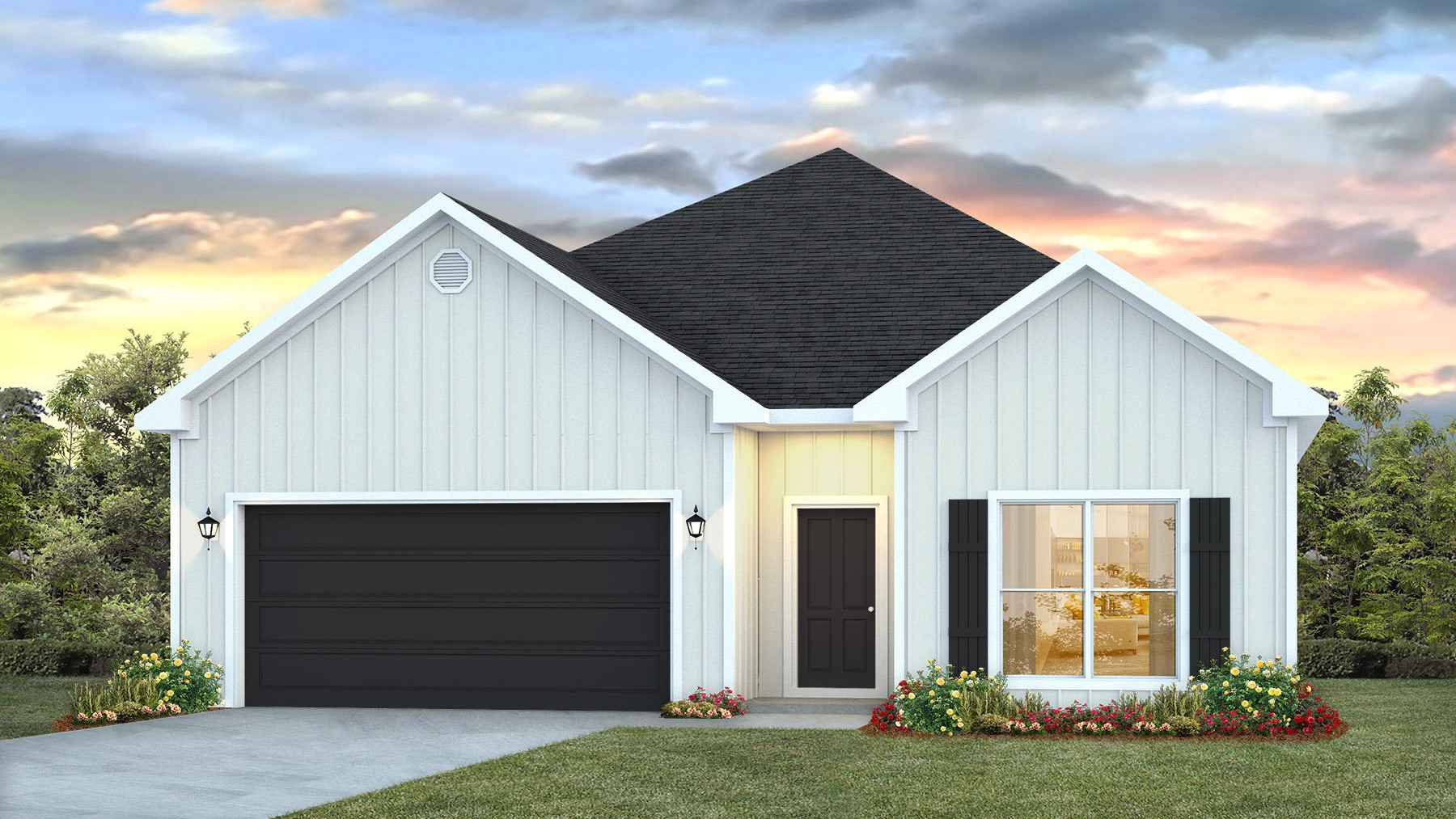 Single-story new home rendering with a two-car garage.
