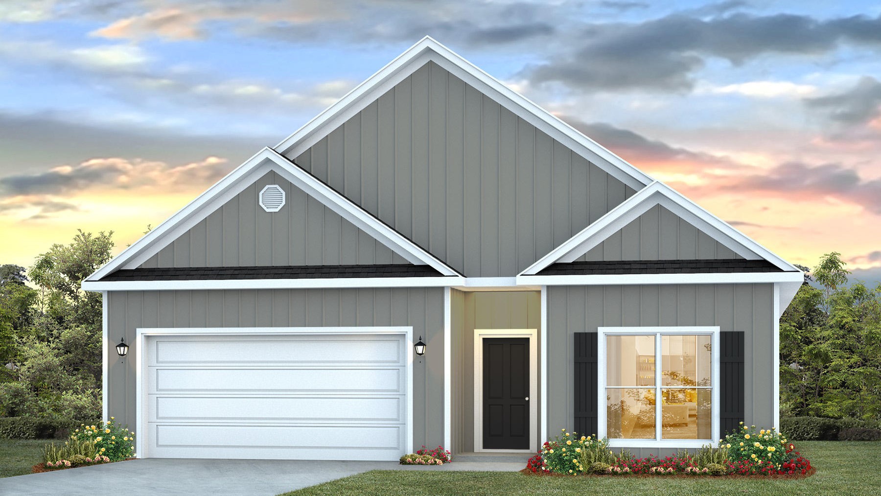 Single-story new home rendering with a two-car garage.