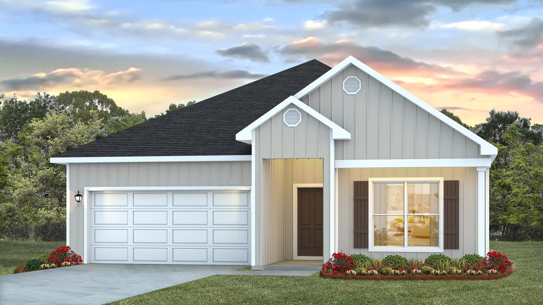 Single-story new home rendering with a covered front porch and two-car garage.