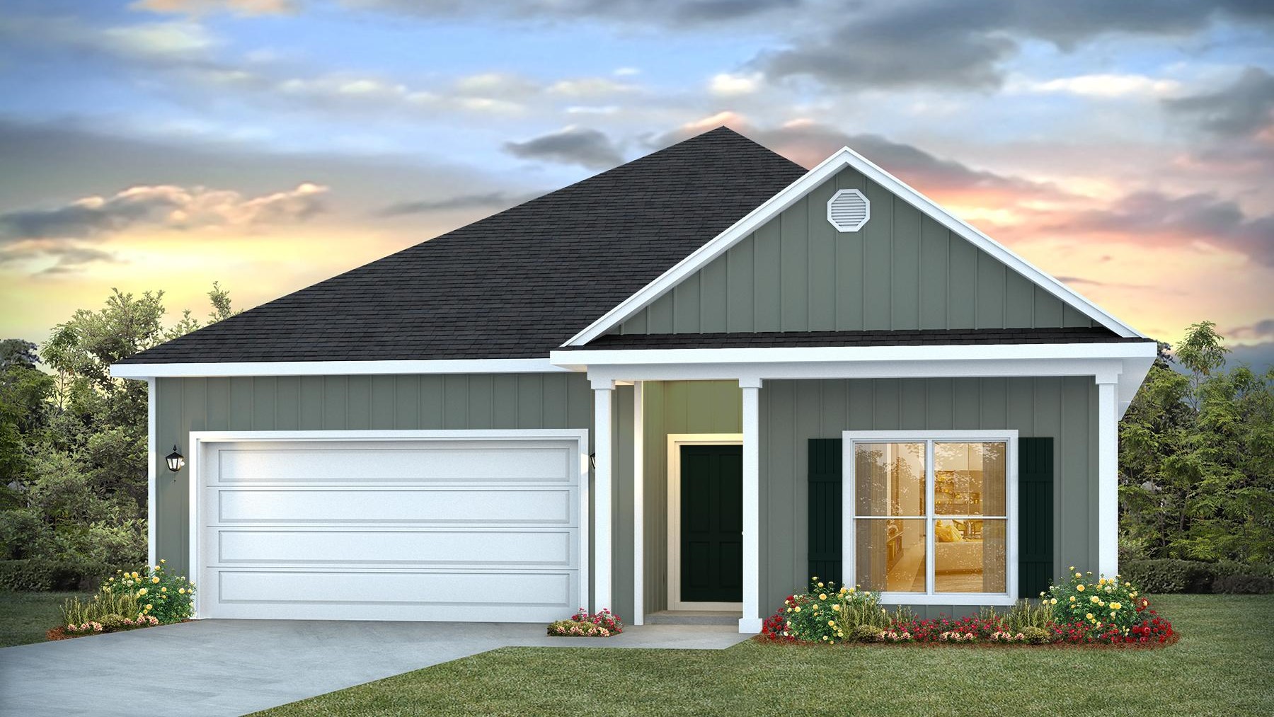 Single-story new home rendering with a covered front porch and two-car garage.