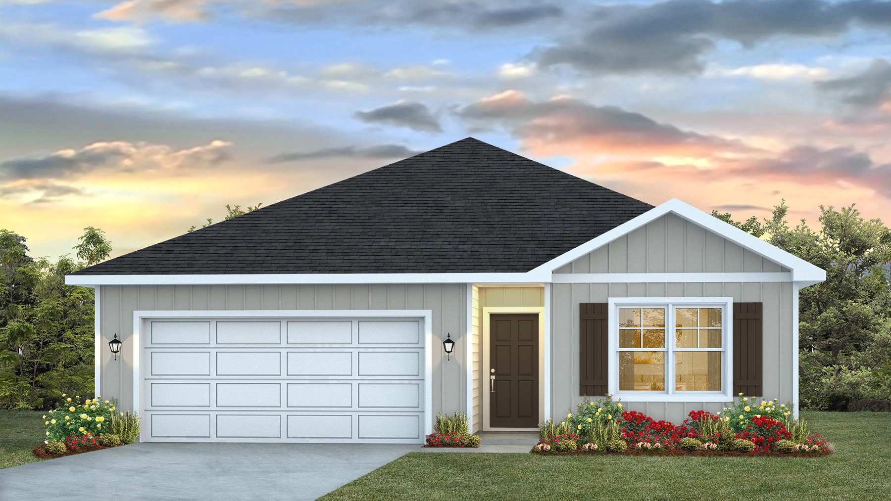 Single-story rendering with board and batten exterior and a two-car garage.