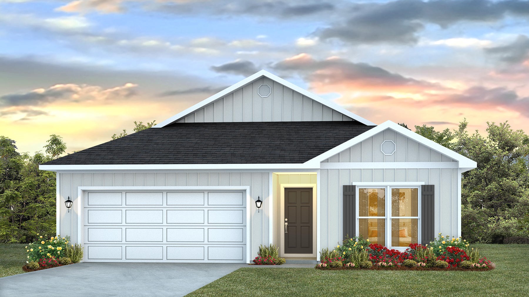 Single-story rendering with a gable accent, board and batten exterior, and a two-car garage.