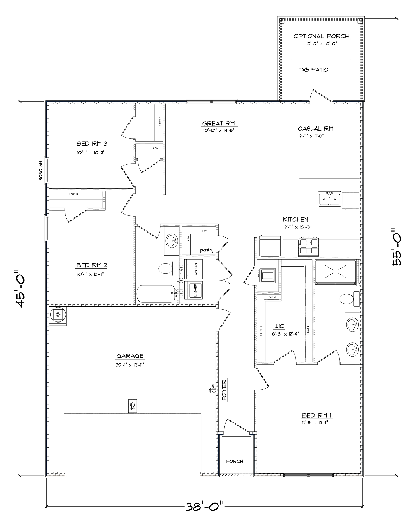 3-bedroom, 2-bathroom floor plan