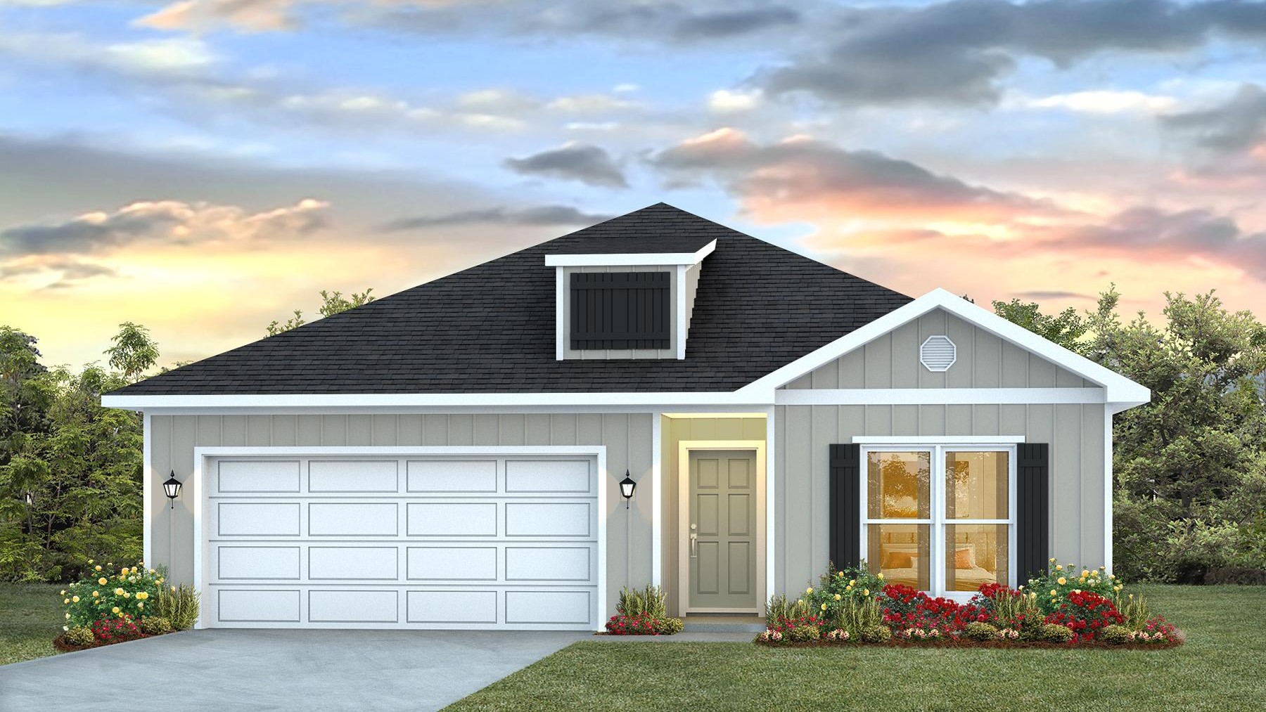 Single-story rendering with a dormer accent, board and batten exterior, and a two-car garage.