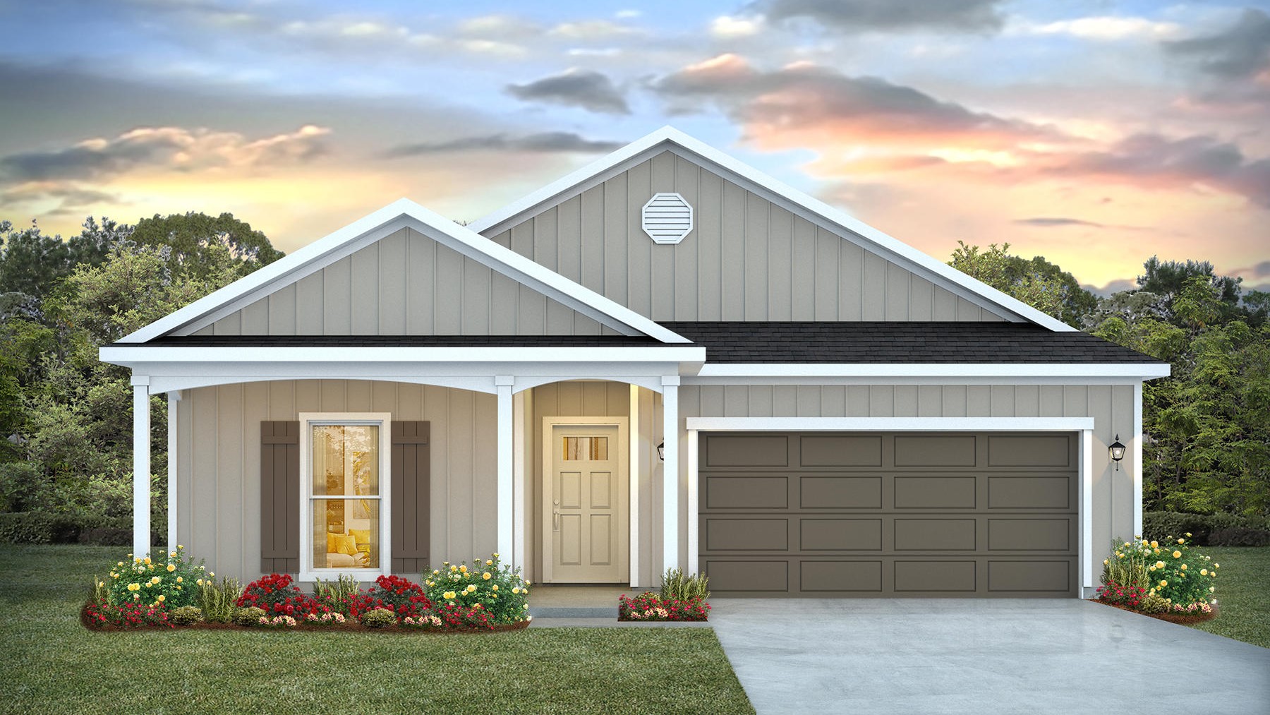 Exterior rendering of one-story home with a covered front porch and two-car garage.