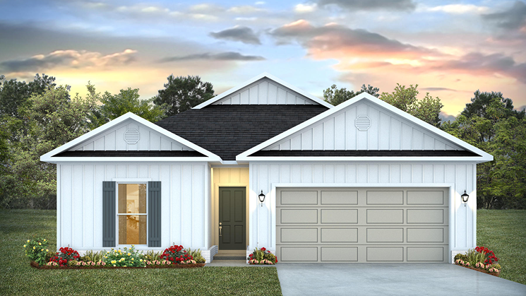 Exterior rendering of single-story home with board and batten exterior and a two-car garage.