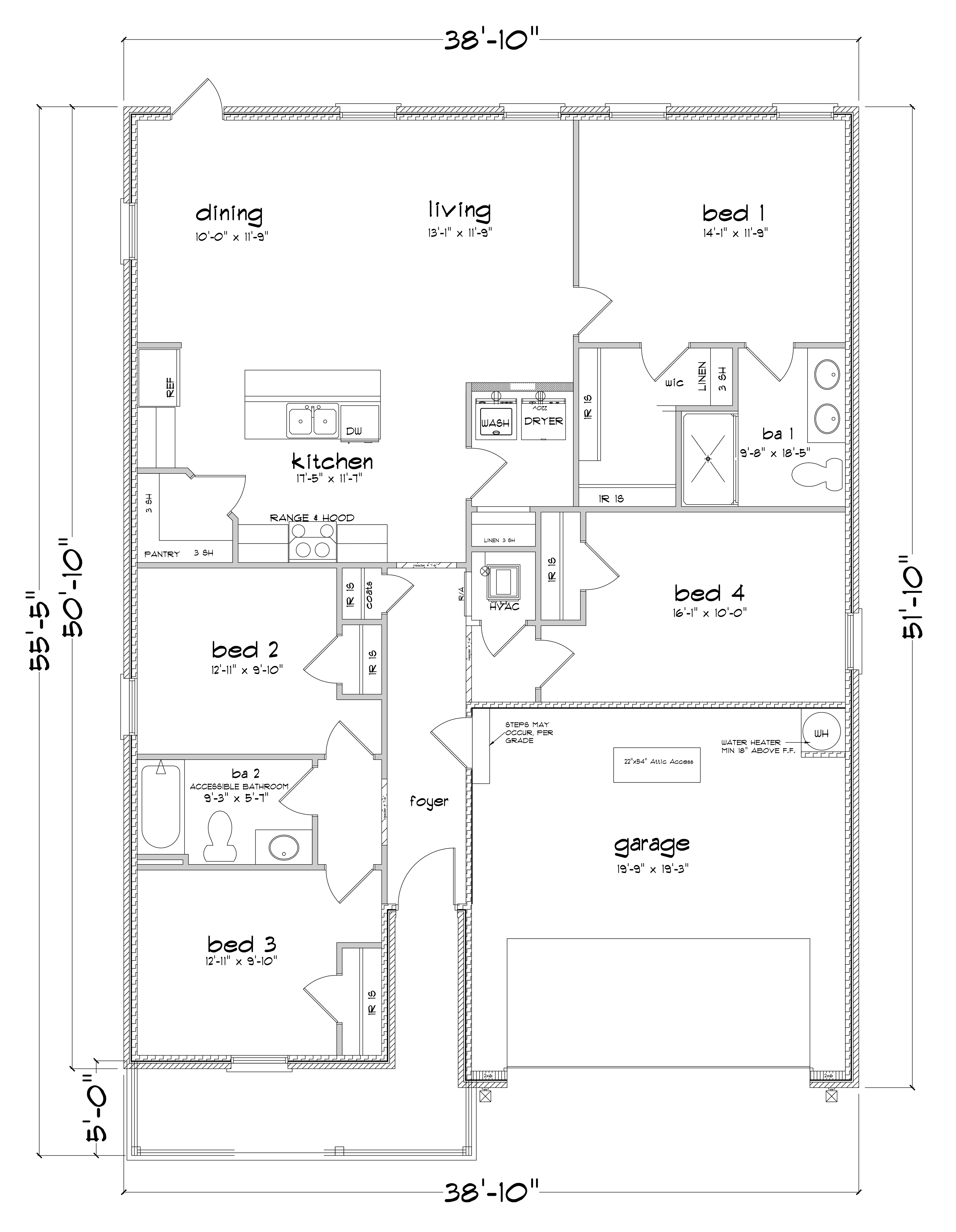 4-bedroom, 2-bathroom floor plan