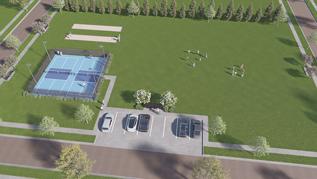 Artist rendering of pickleball court and bocce ball.