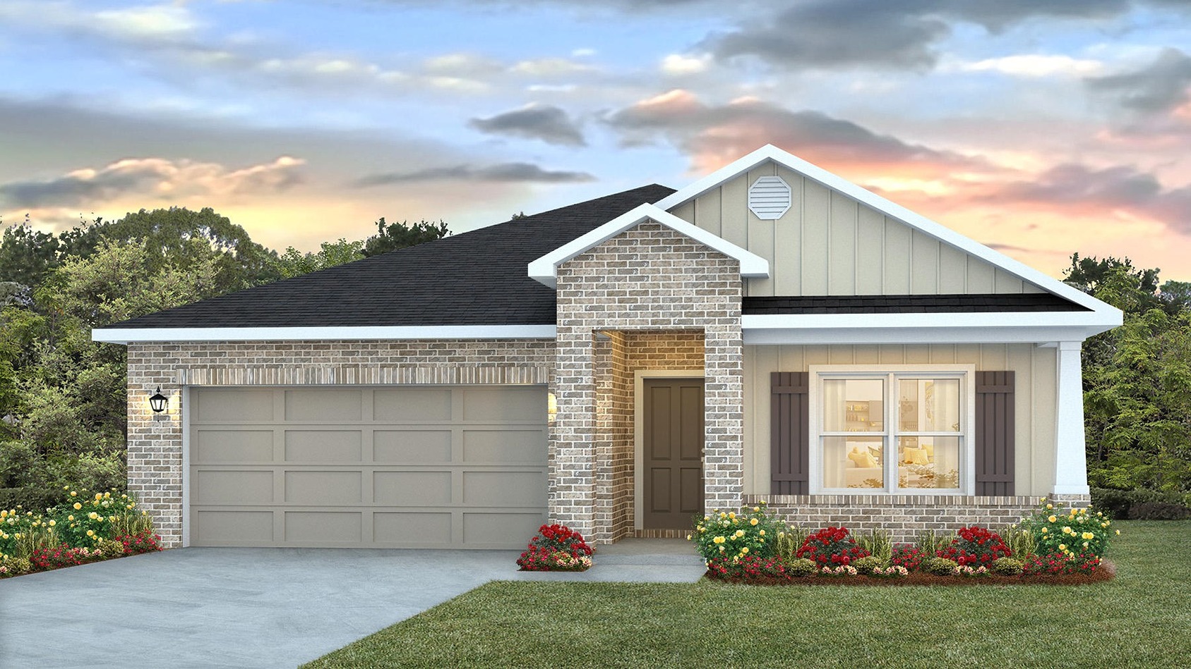Single-story home with a warm entryway and painted two-car garage.