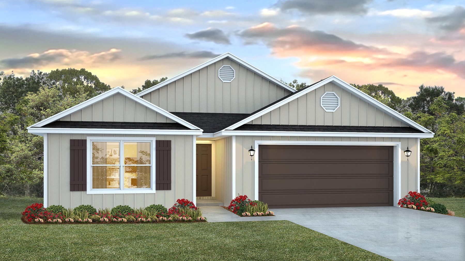 Single-story home with board and batten exterior and a two-car garage.