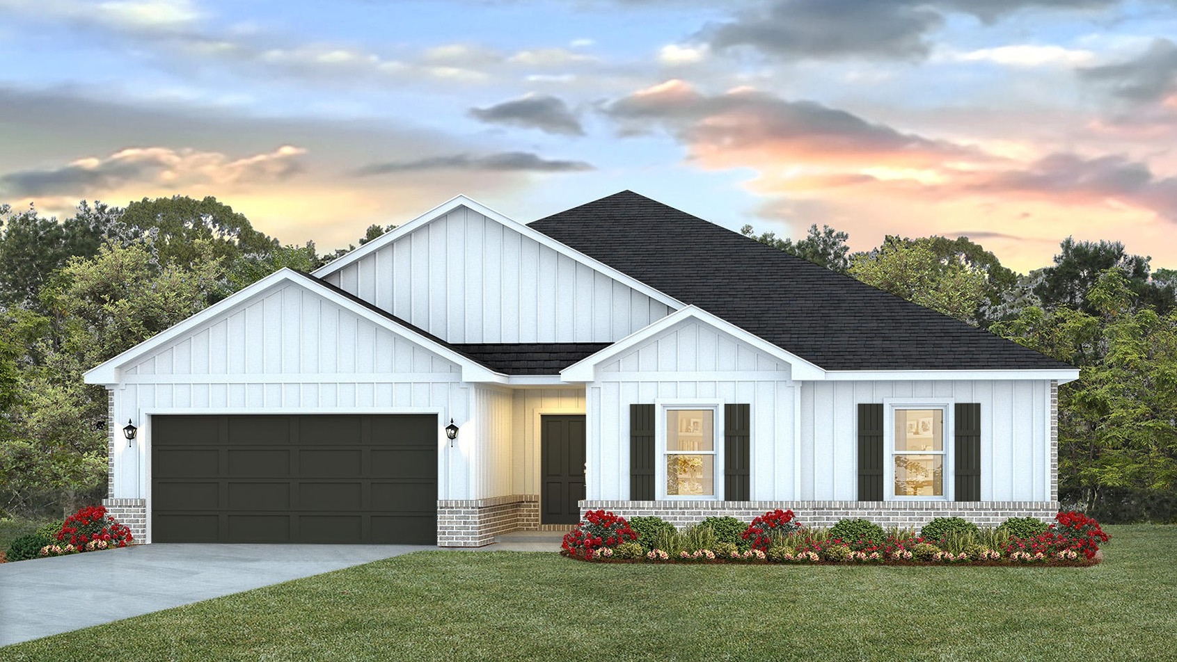 One-story home with white board and batten, a brick water table, and two-car painted garage.