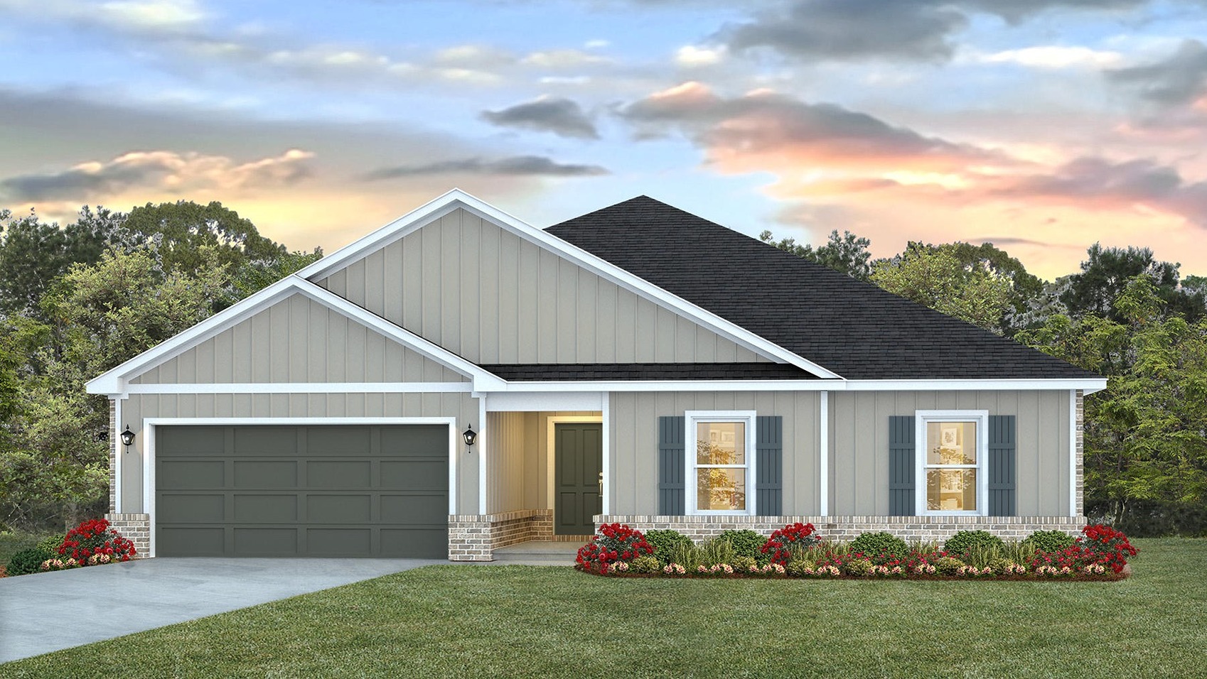 One-story home with a painted two-car garage.