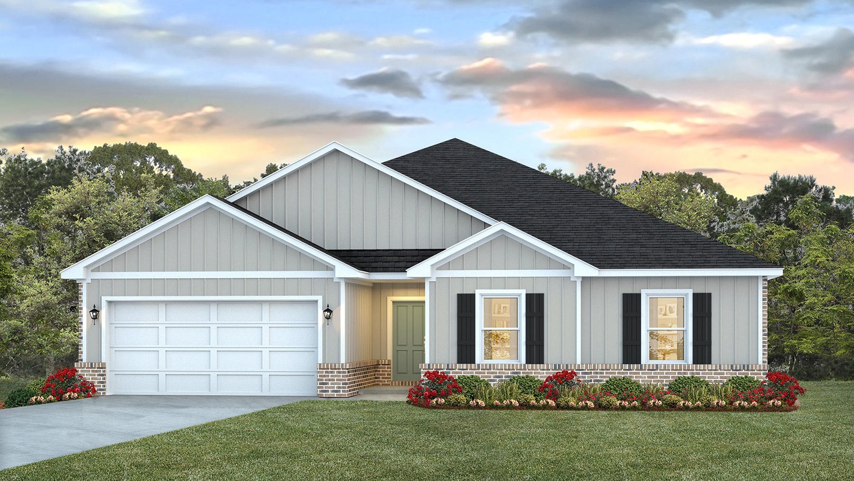 One-story new home rendering with a two-car garage.