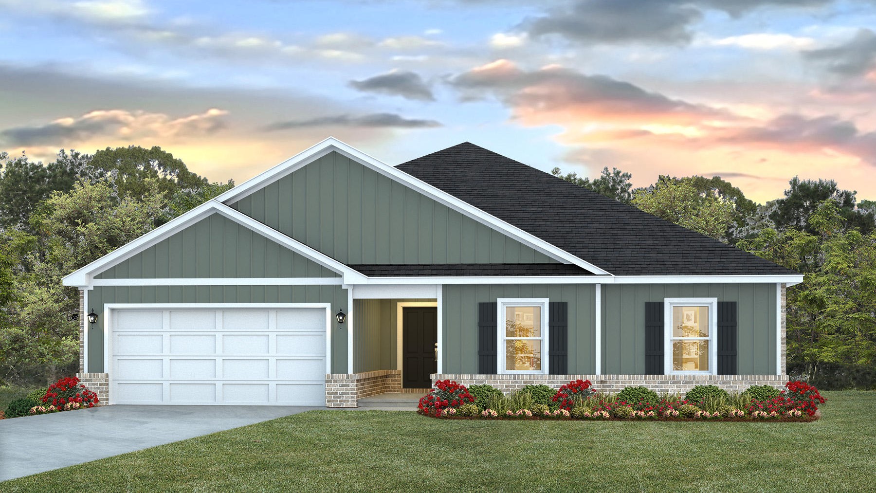 One-story new home rendering with a two-car garage.