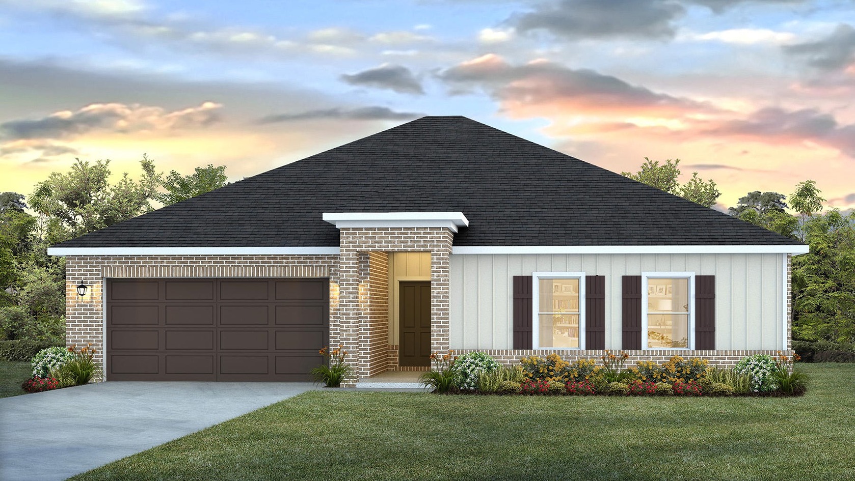 Single story home with a beautiful entryway and two-car garage.