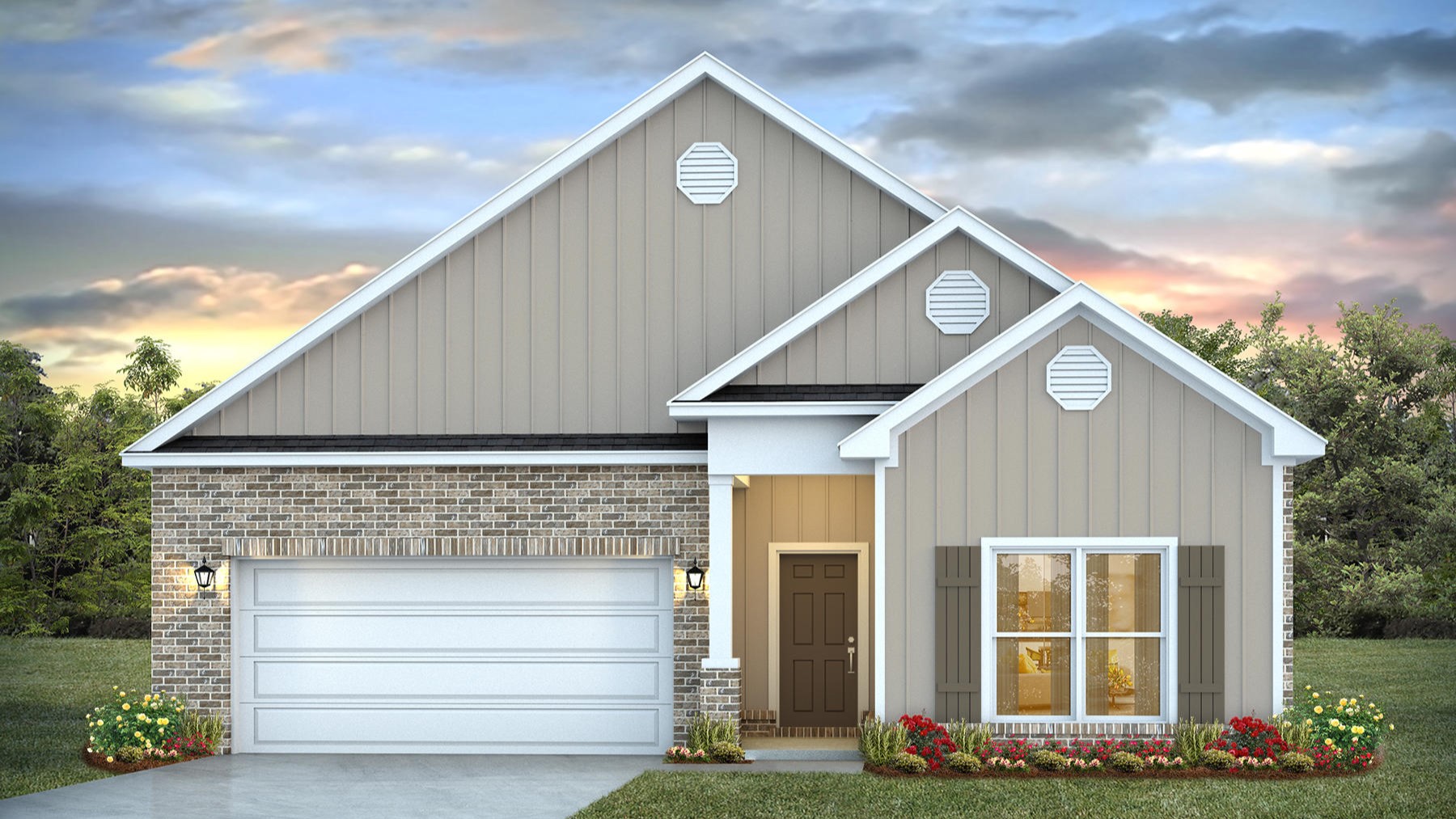 One-story home rendering with a two-car garage.