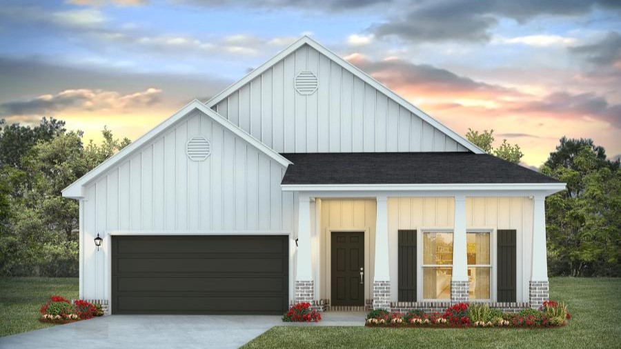 One-story home rendering with a covered front porch and two-car garage.