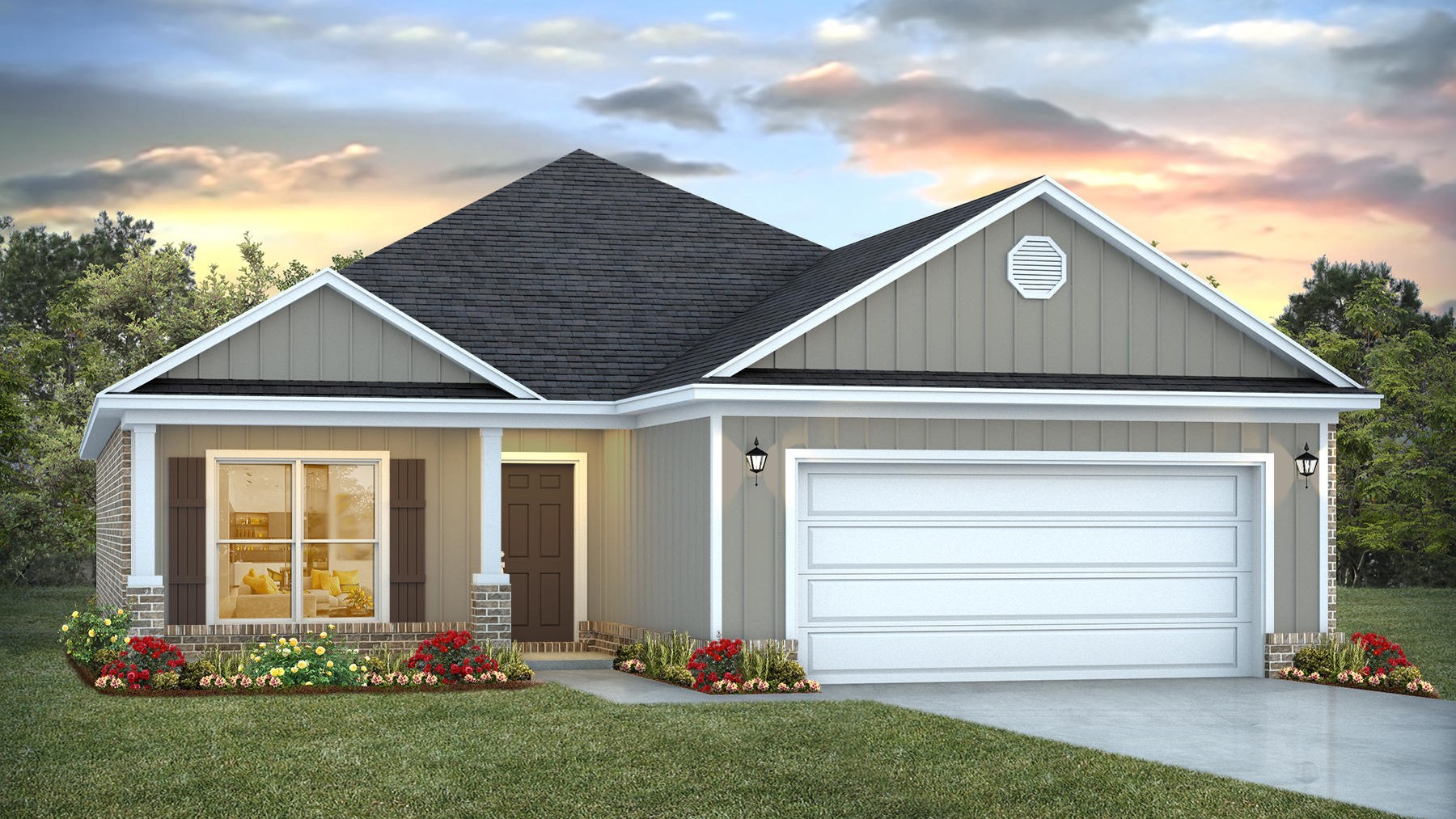 Single-story home rendering with a two-car garage.
