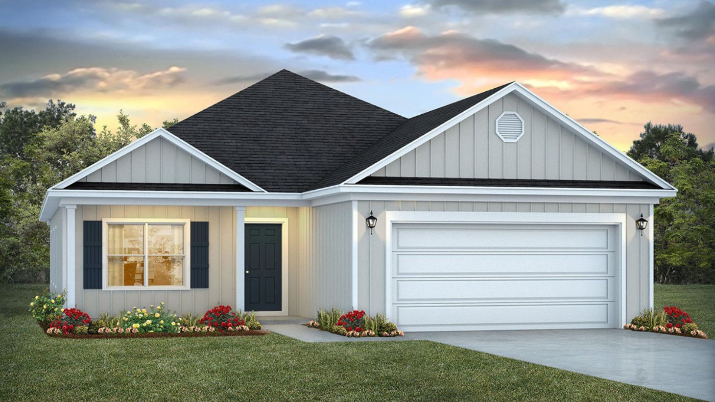 Single-story home rendering with a two-car garage.