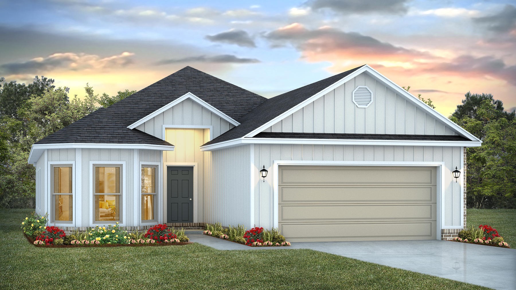 Single-story home rendering with a two-car garage.