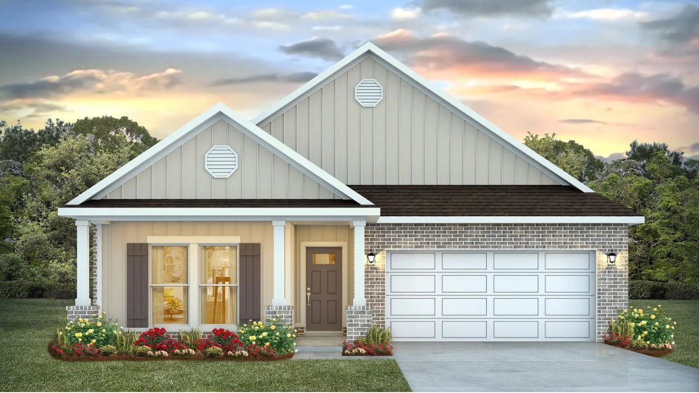 One-story new home rendering with a covered front porch and two-car garage.