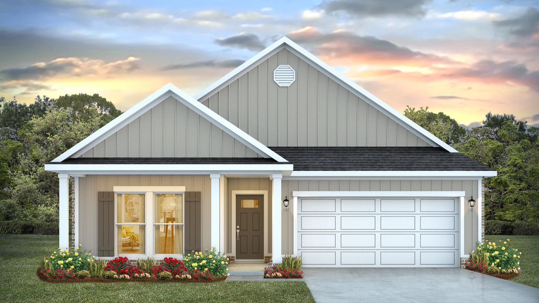 One-story new home rendering with a covered front porch and two-car garage.