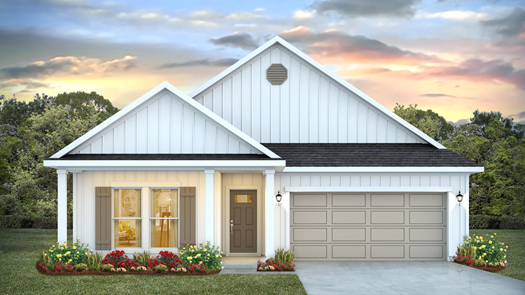 One-story new home rendering with a covered front porch and two-car garage.