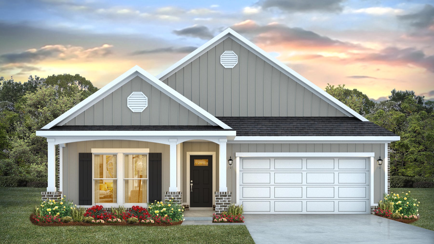 One-story new home rendering with a covered front porch and two-car garage.