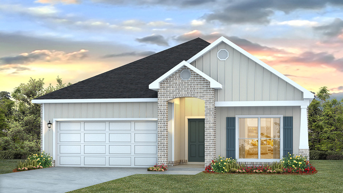 Single-story home rendering with a two-car garage.