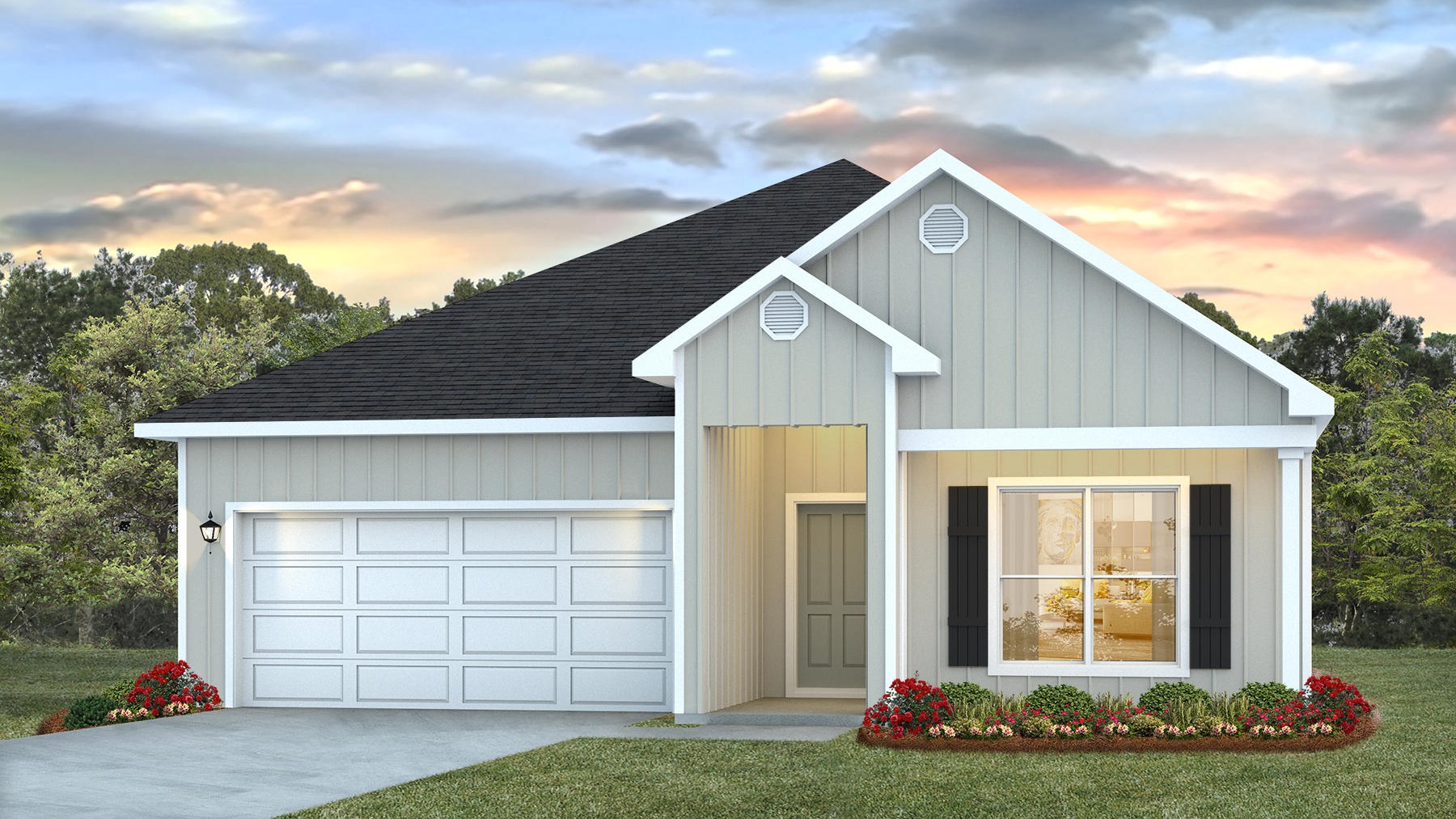 Single-story home rendering with a covered front porch and two-car garage.