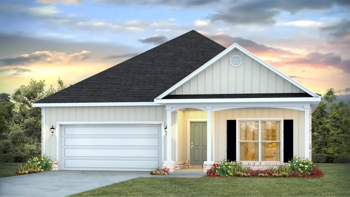 Single-story home rendering with a covered front porch and two-car garage.