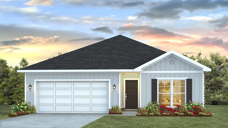 Single-story home rendering with a 2-car garage.