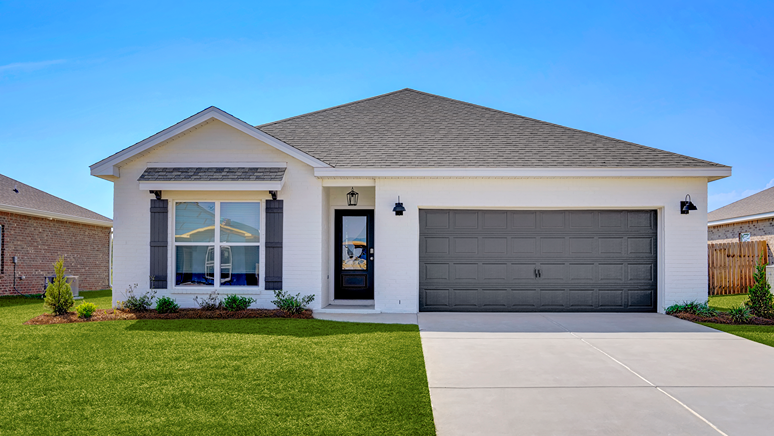 Single-story home with painted white brick exterior, a pendant light, and two-car garage.