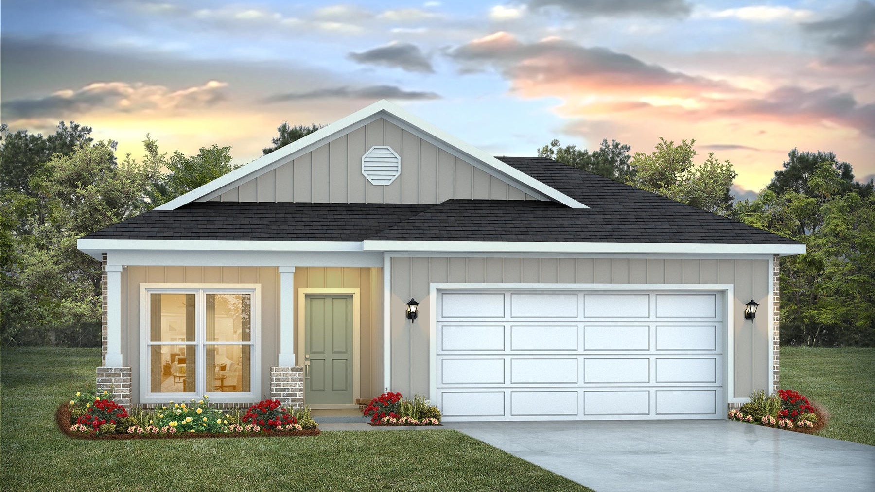 Single-story home rendering with a 2-car garage.