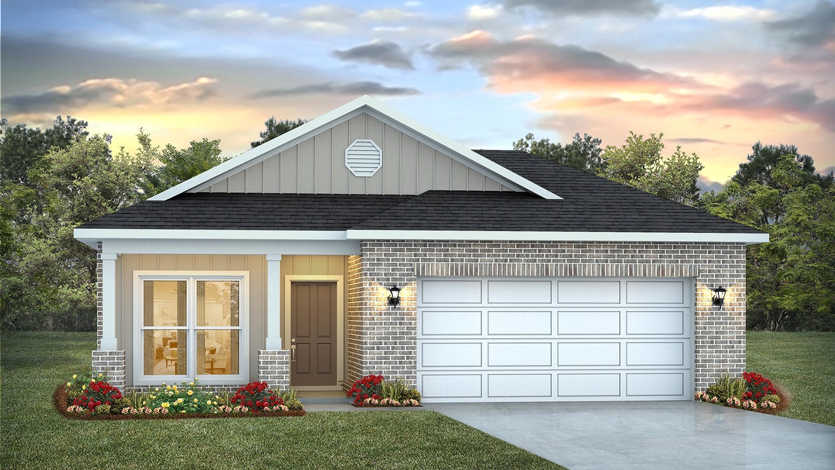 Single-story home rendering with a 2-car garage.