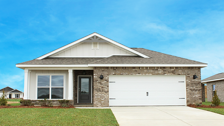 One-story home with a covered front porch and two-car garage.
