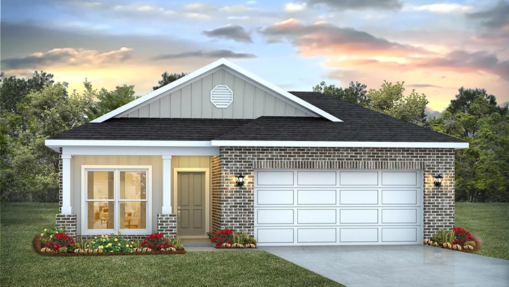 Single-story home rendering with a 2-car garage.
