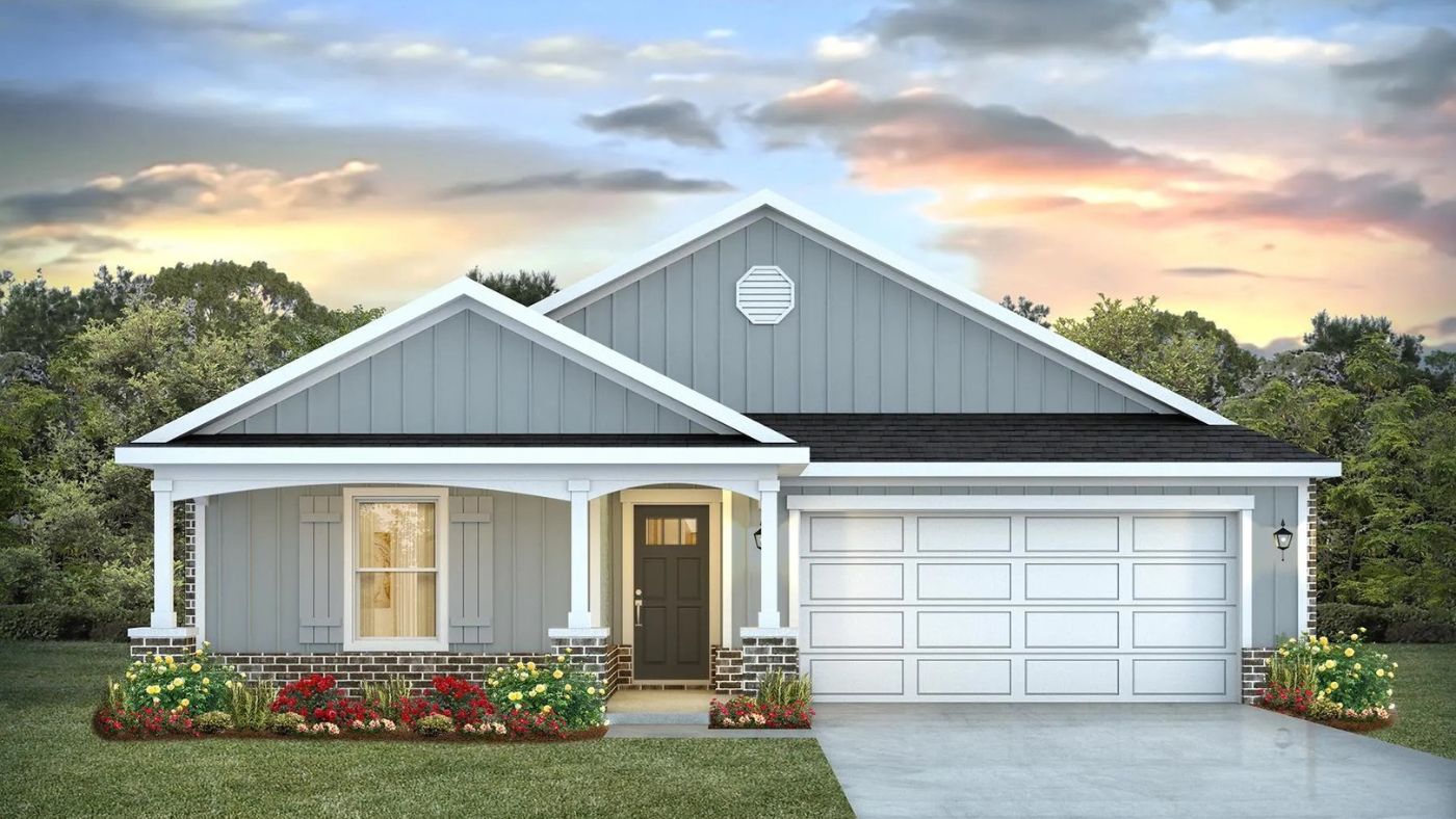 Single-story home rendering with a covered porch and 2-car garage.