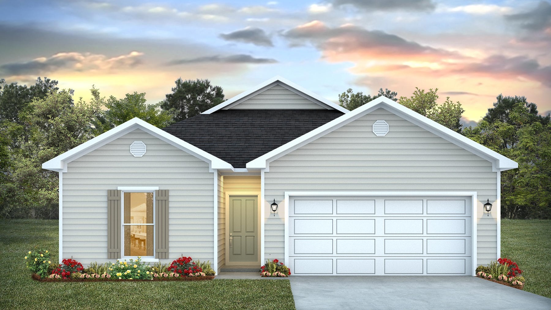 Single-story home rendering with a 2-car garage.