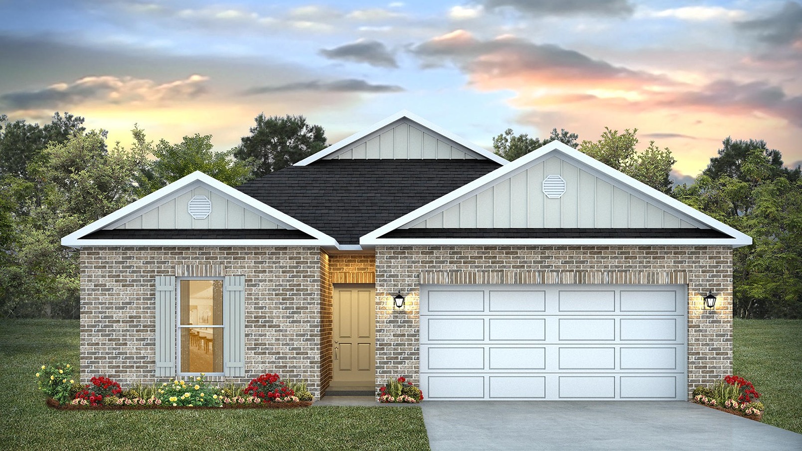 Single-story home rendering with a 2-car garage.