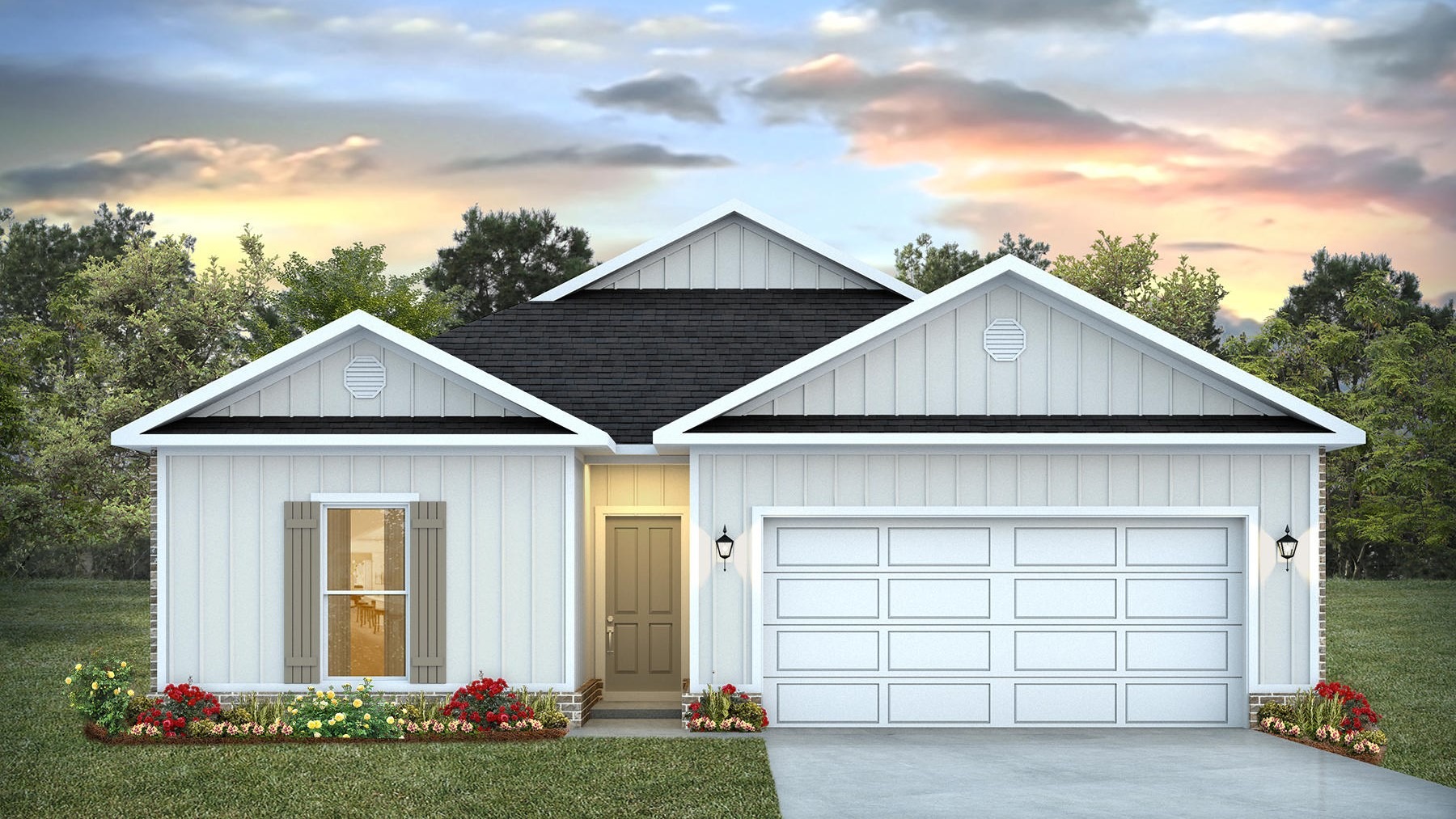 Single-story home rendering with a 2-car garage.