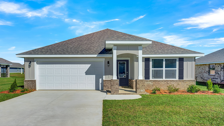 Single-story home with a covered front porch and two-car garage.