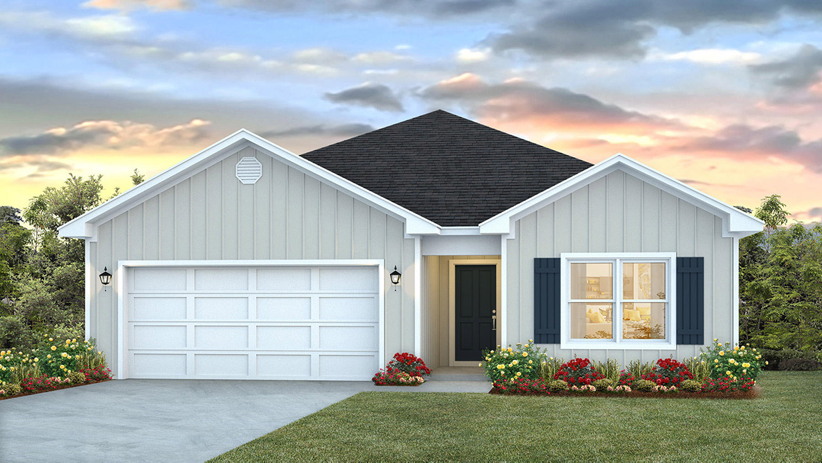 Single-story new home rendering with a two-car garage.