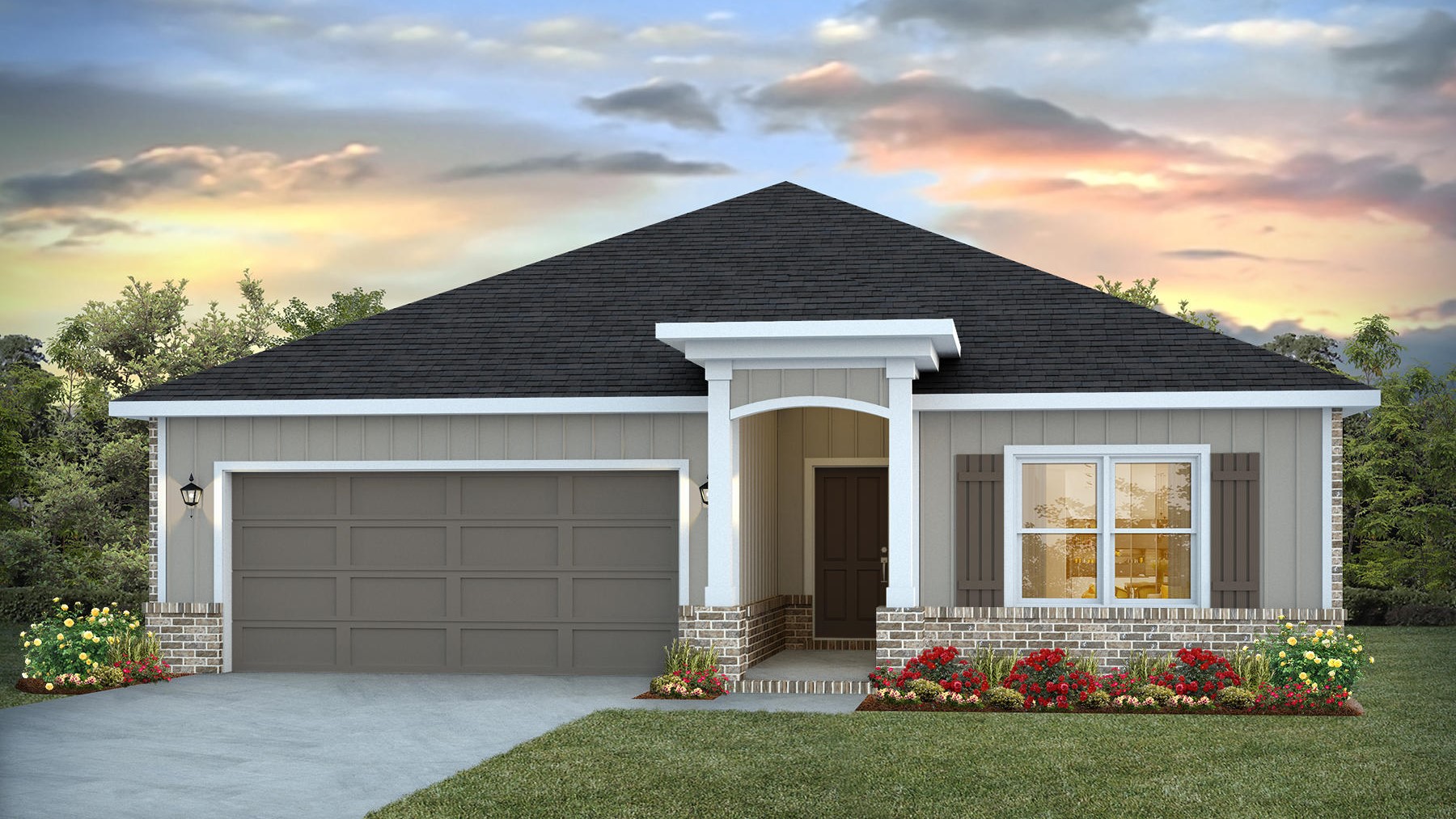 Single-story new home rendering with a two-car garage.