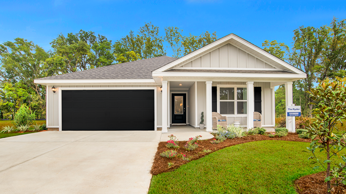Single-story home with a covered front porch and two-car garage.
