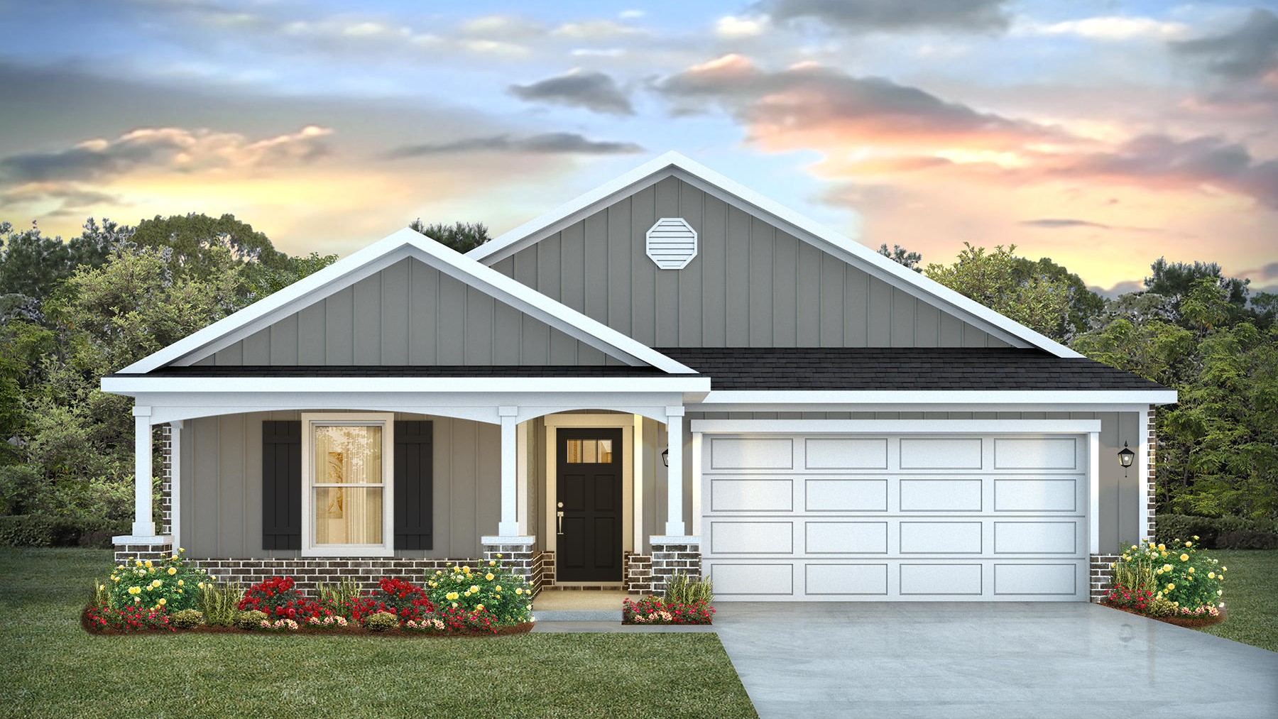 One-story home with a covered front porch and two-car garage.