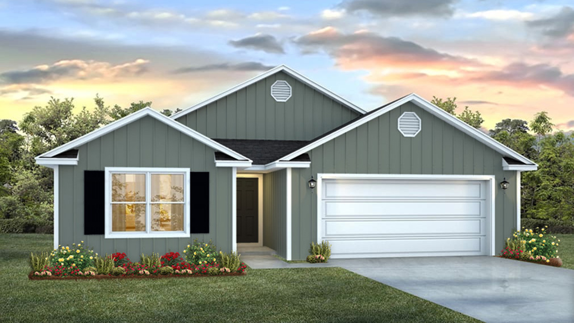 One-story new home rendering with a two-car garage.