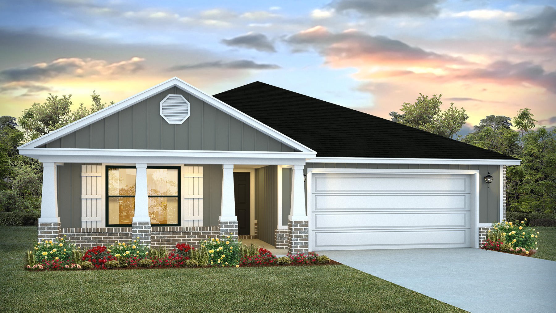 One-story new home rendering with a covered front porch and two-car garage.