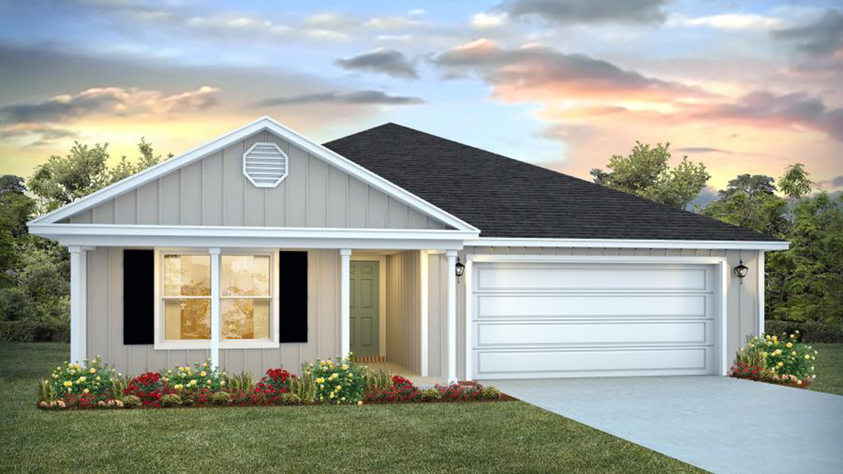 One-story new home rendering with a covered front porch and two-car garage.